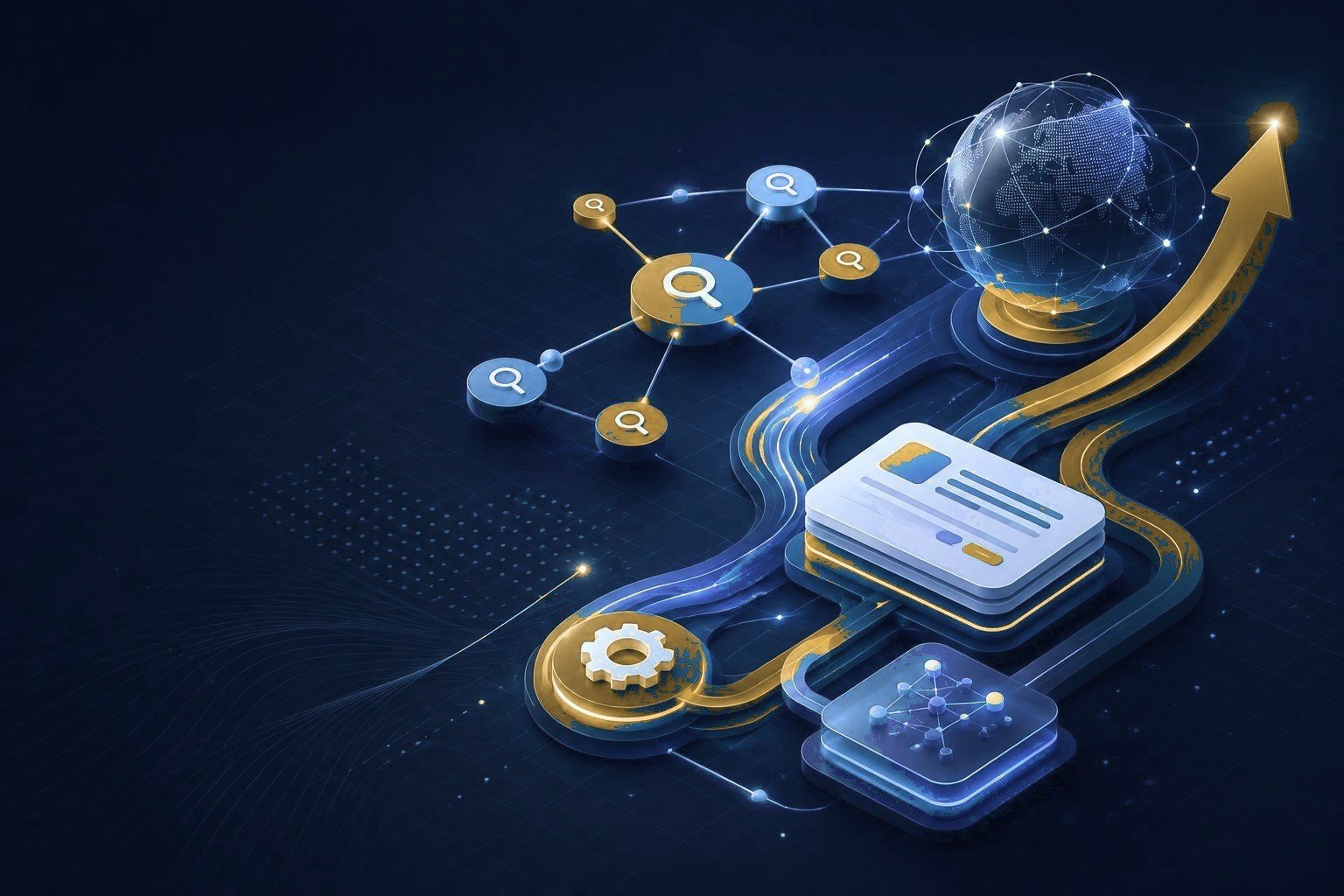 Abstract connected search, global visibility, and automation pathways representing GraceKSEO services