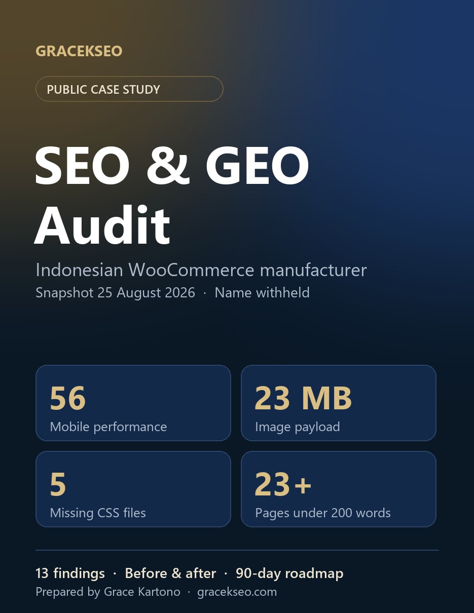 Cover preview of the public SEO and GEO audit case study for a WooCommerce manufacturer
