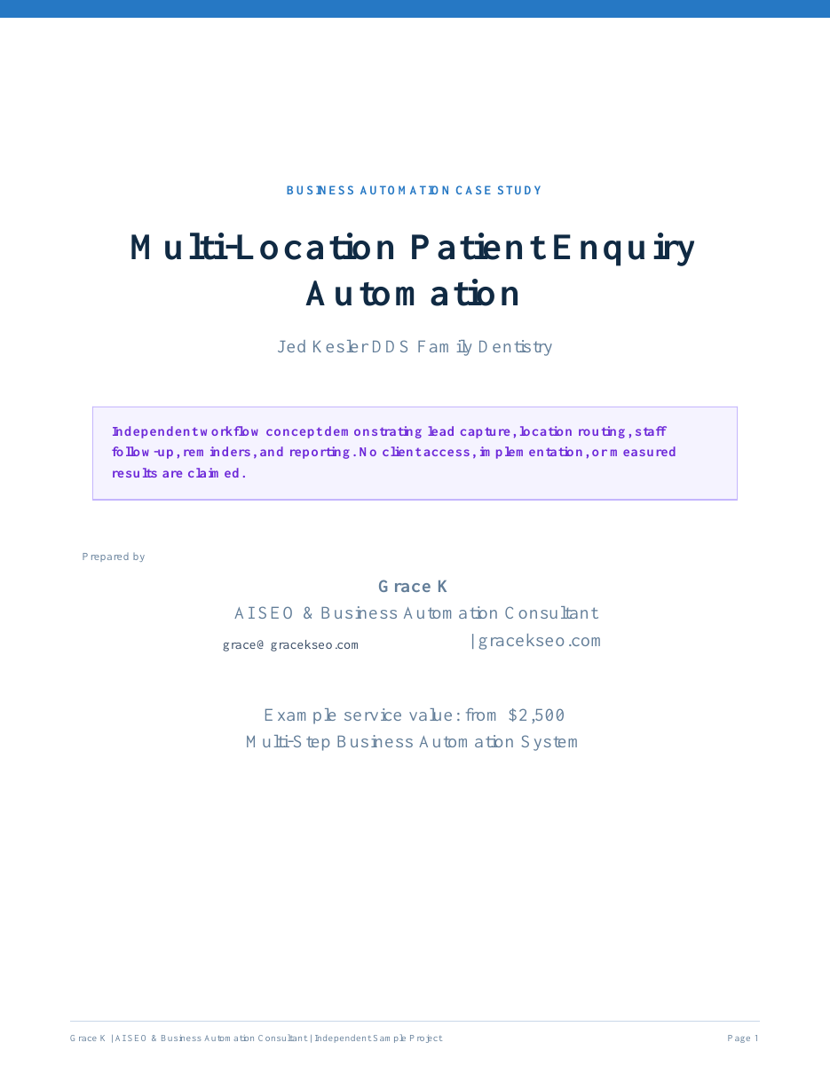Cover preview of the Jed Kesler DDS patient enquiry automation concept